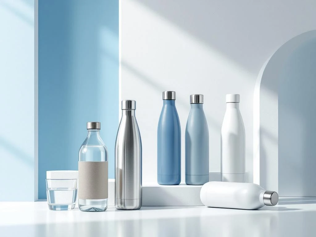 Elegante Werbe-Wasserflaschen aus Edelstahl und Glas in geometrischer Anordnung auf blau-weißem Hintergrund