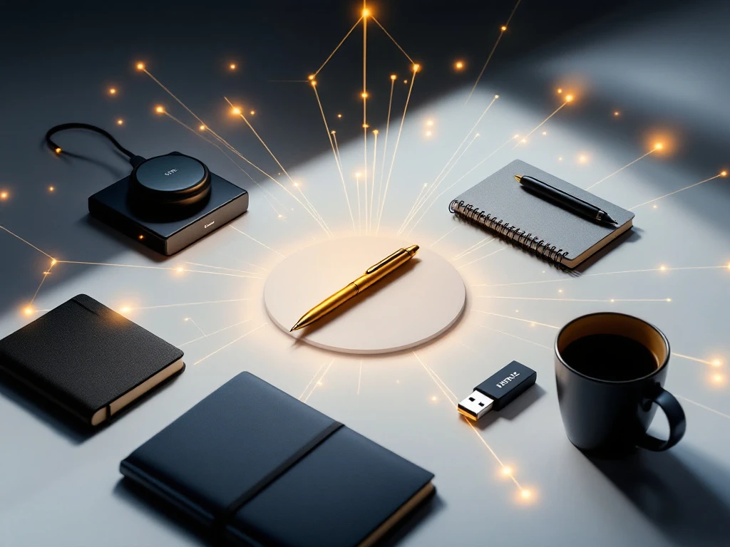 Premium Werbeartikel wie Kugelschreiber, Powerbank, Notizbuch und Tasse auf weißer Oberfläche mit Verbindungslinien