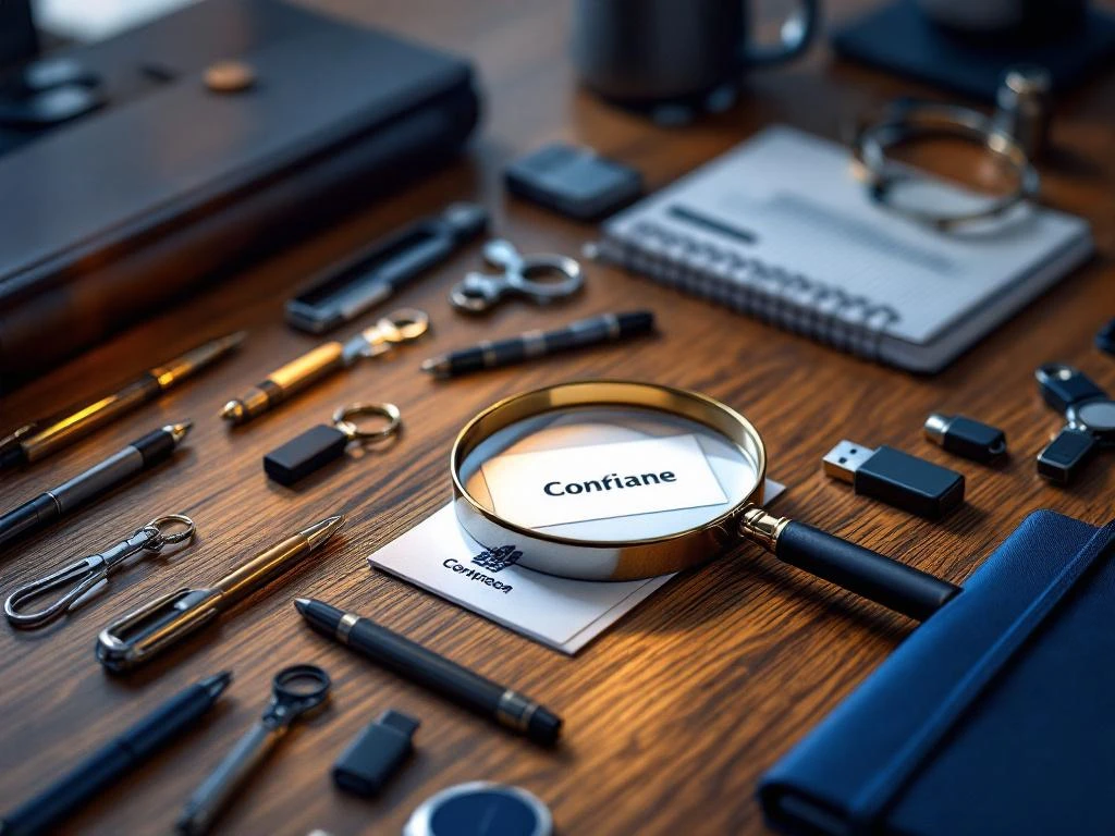 Lupe vergrößert Produktetiketten auf Schreibtisch mit Werbemitteln wie Kugelschreibern, USB-Sticks und Notizbüchern