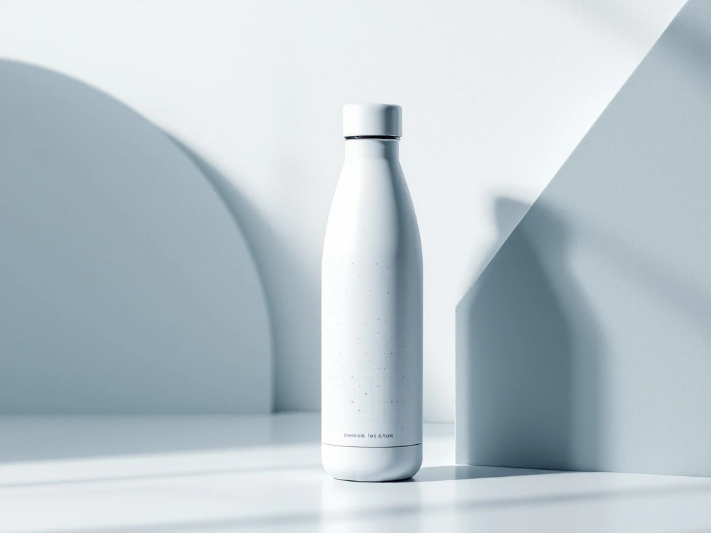 Werbeflasche mit geometrischem Muster zeigt Haltbarkeitstest - eine Seite verblasst, andere scharf auf weißem Hintergrund