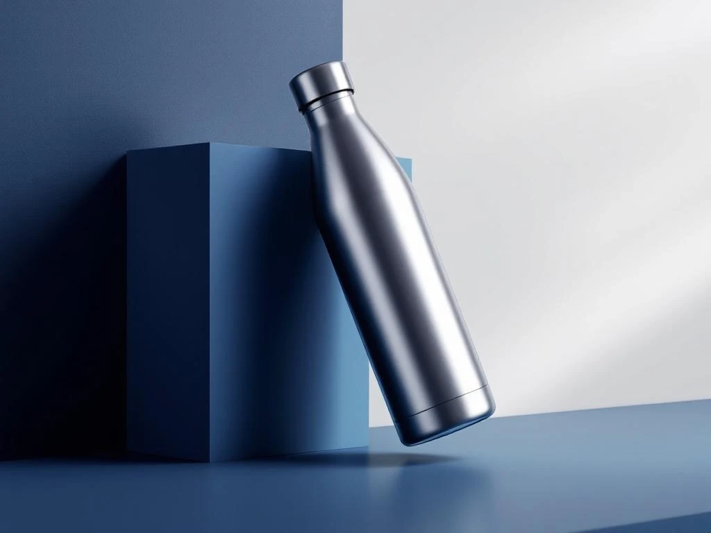 Silberne Werbeflasche in dynamischem Winkel vor navy-weißem geometrischem Hintergrund mit eleganter Beleuchtung