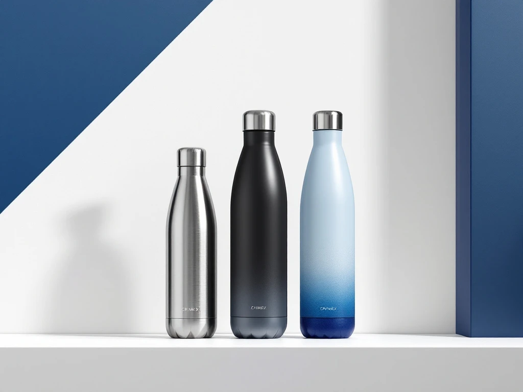 Drei elegante Wasserflaschen in silber, schwarz und blau in dreieckiger Anordnung auf weißem Hintergrund