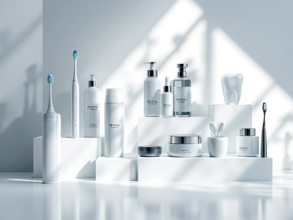 Acht elegante Zahnpflege-Werbeartikel auf weißer Oberfläche: Elektrozahnbürste, Zahnseide, Mundspülung in Spiralmuster